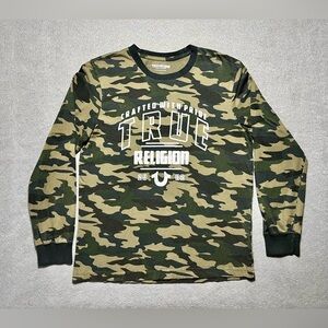 True Religion Men’s Long Sleeve Camo T-Shirt Green Crewneck Size Medium
